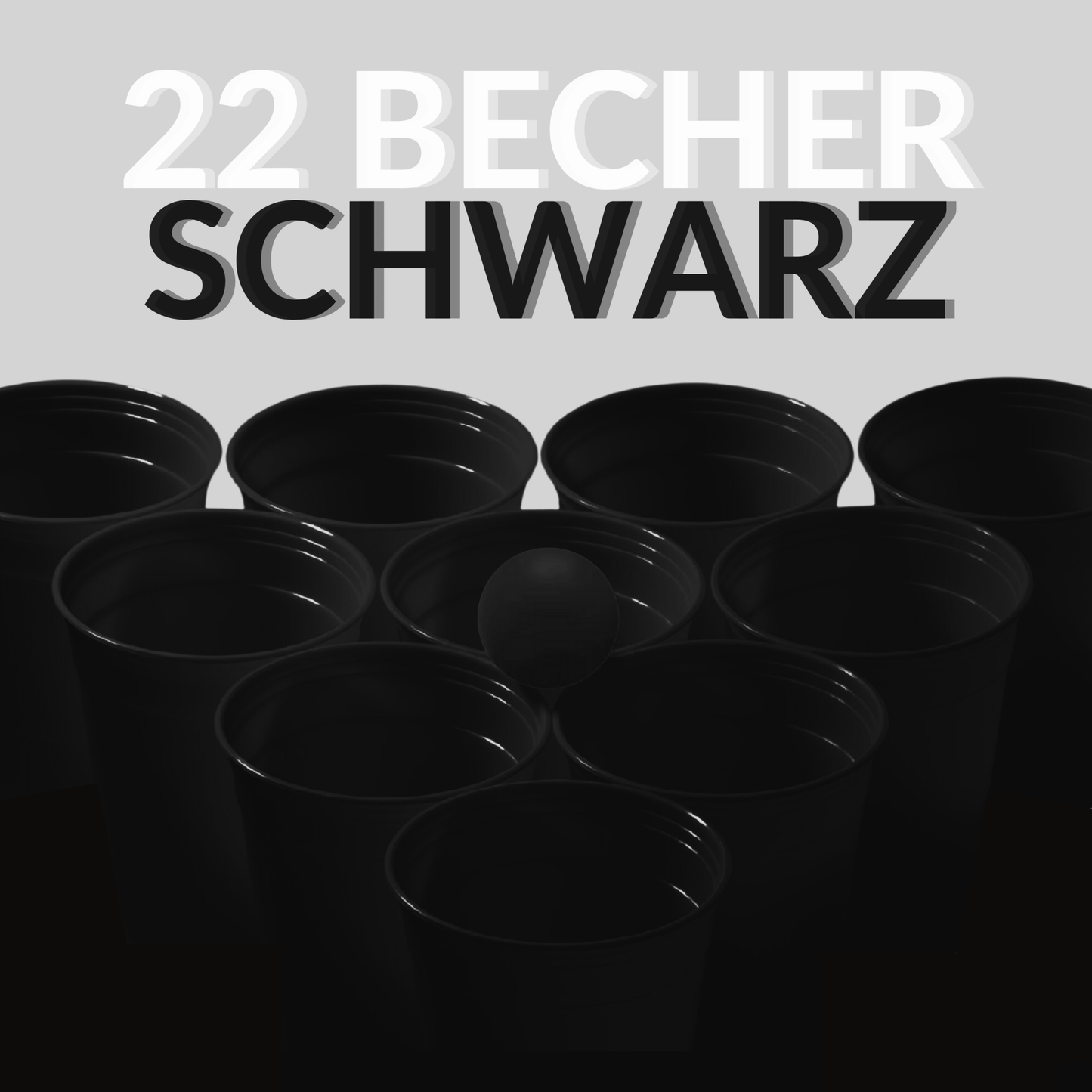 Bierpong - Becher aus Hartplastik stehen in einer Pyramide aufsgestellt auf einem Bierpongtisch mit einem schwarzen Ball daraufliegend. Bildbeschriftung: 22 Becher schwarz