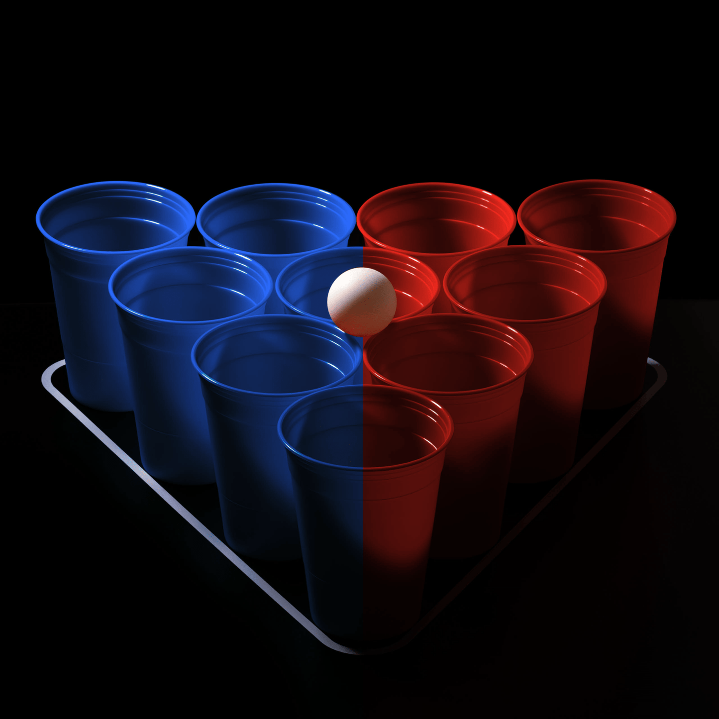 10 rote und blaue Bierpong Becher in einer Pyramide stehend angeordnet mit einem Tischtennisball darauf liegend