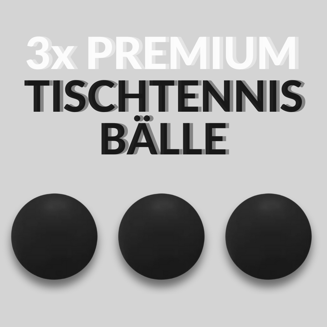 Drei schwarze Tischtennisbälle vor grauem Hintergrund. Schriftzug: 2 mal premium Tischtennisbälle