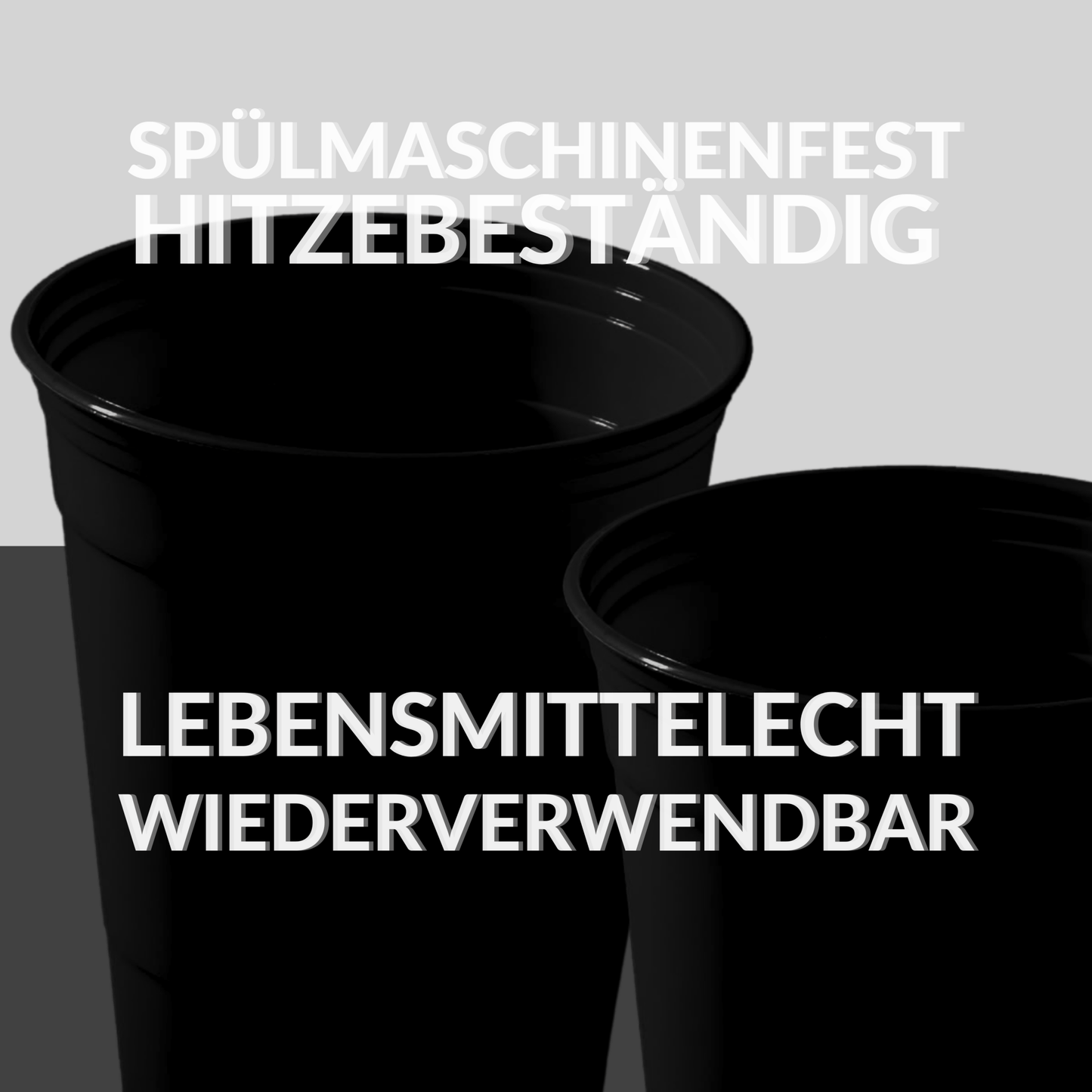 2 schwarze Bierpong Becher vor grauem Hintergrund. Schriftzug: spülmaschinenfest, hitzebeständig, lebensmittelecht, wiederverwendbar