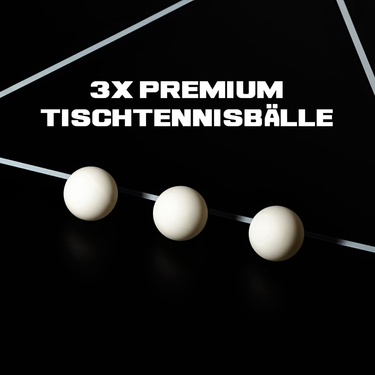 3 Tischtennisbälle liegen auf einem Beerpong Tisch in einer Reihe. Schriftzug: 3 mal Premium Tischtennisbälle