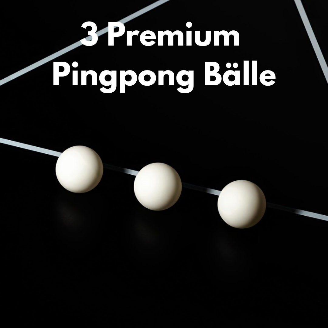 3 Tischtennisbälle liegen auf einem Beerpong Tisch in einer Reihe. Schriftzug: 3 mal Premium Tischtennisbälle