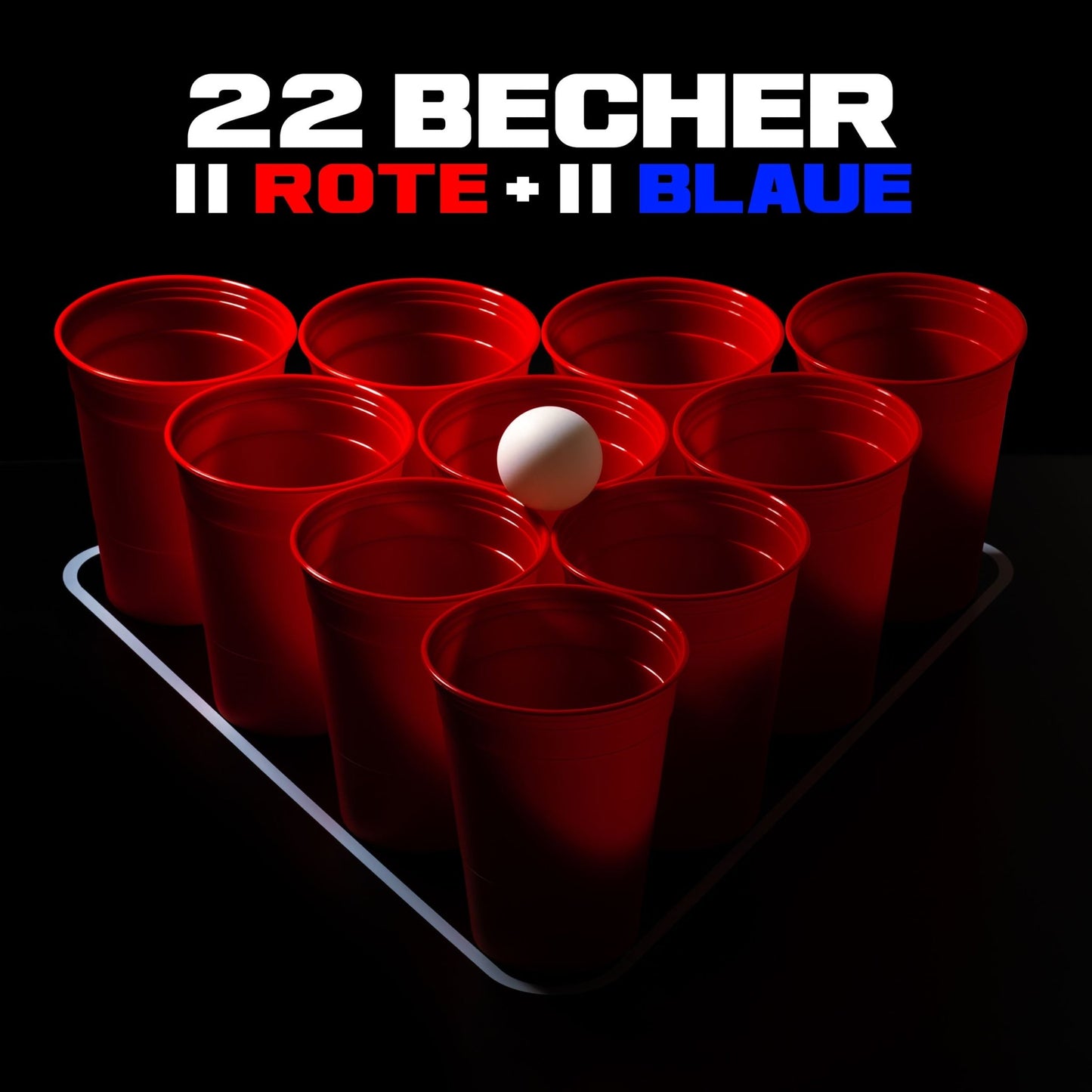 10 Red Cups in einer Pyramide angeordnet auf Beerpong-Tisch stehend. Beschriftung des Bildes: 22 Becher, 11 Rote + 11 Blaue