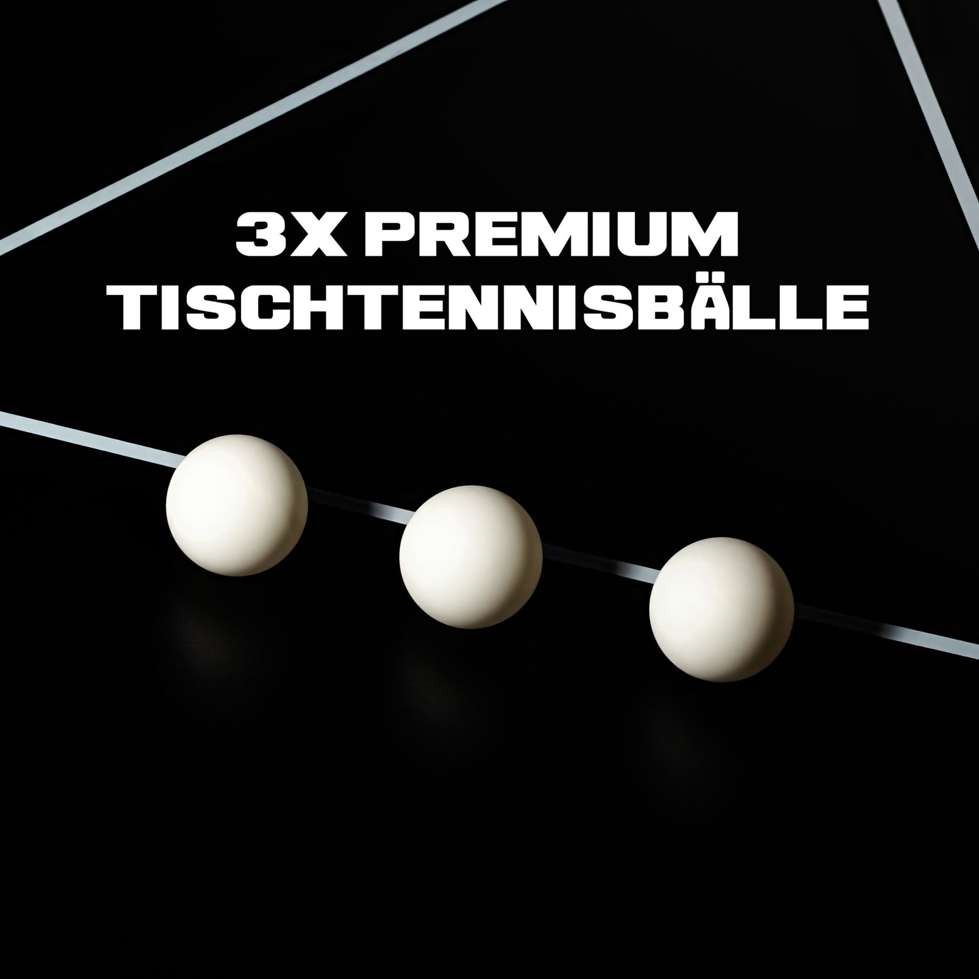 3 Tischtennisbälle liegen auf einem Beerpong Tisch in einer Reihe. Schriftzug: 3 mal Premium Tischtennisbälle