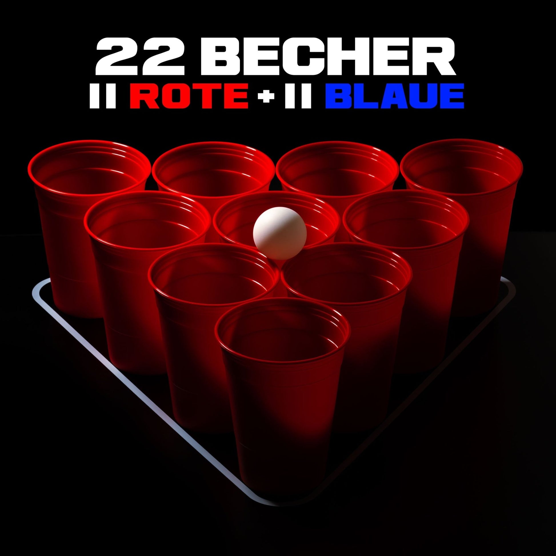 10 Red Cups in einer Pyramide angeordnet auf Beerpong-Tisch stehend. Beschriftung des Bildes: 22 Becher, 11 Rote + 11 Blaue