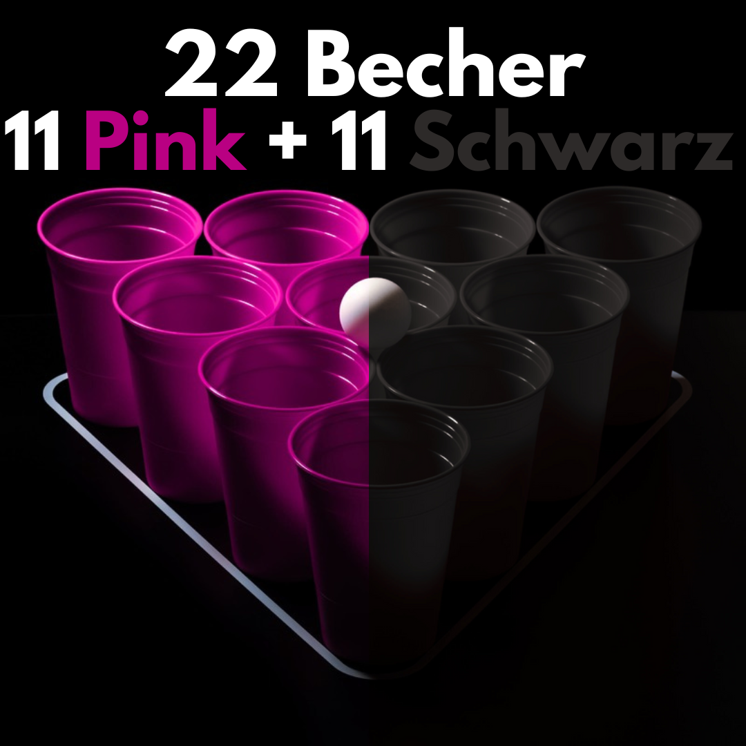 10 Red Cups in einer Pyramide angeordnet auf Beerpong-Tisch stehend. Beschriftung des Bildes: 22 Becher, 11 Rote + 11 Blaue